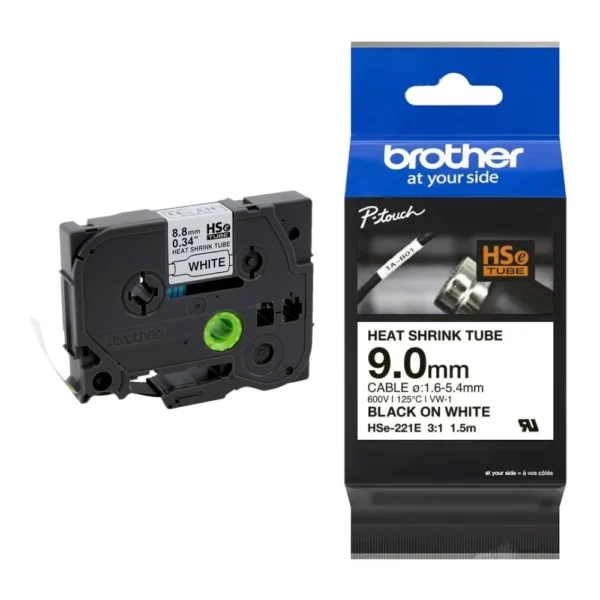 BROTHER เทปพิมพ์อักษรสีดำ พื้นขาว ขนาด 9 มม. HSE-221E (เทปแบบท่อหด)