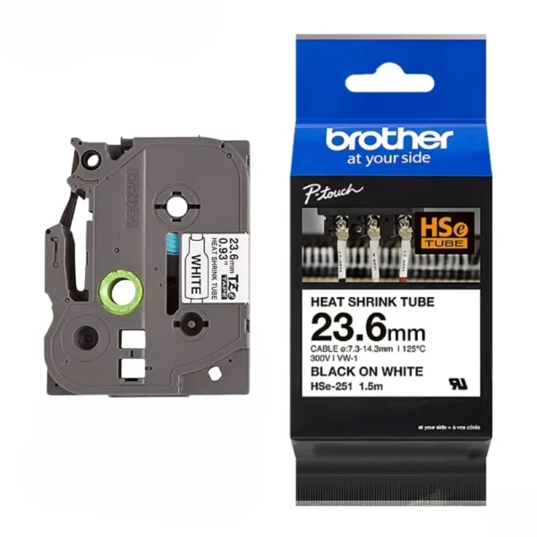 BROTHER เทปพิมพ์อักษรสีดำ พื้นขาว ขนาด 23.6 มม. HSE-251 (เทปแบบท่อหด)