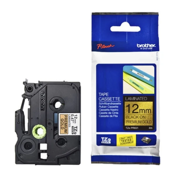 BROTHER เทปพิมพ์อักษรสีดำ พื้นทอง ขนาด 12 มม. TZE-PR831 (มีกากเพชร)